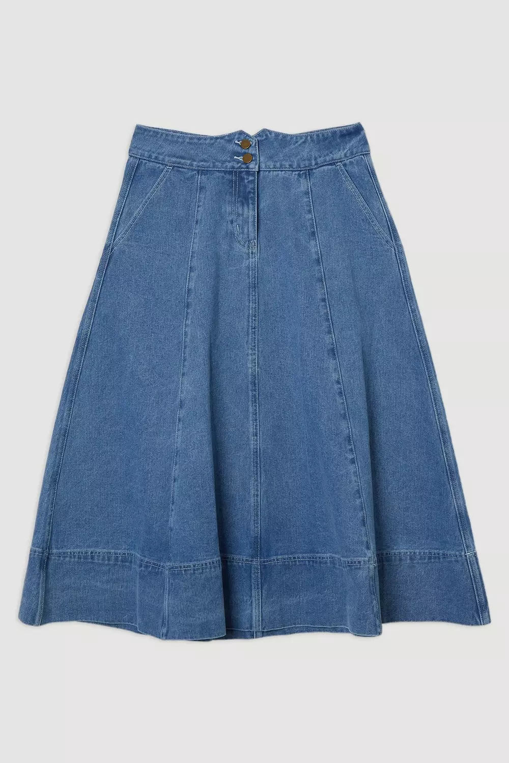 【BAON】Theon Pleated Denim Midi Skirt Theo Denim Midi Skirt in Denim - ShopperBoard